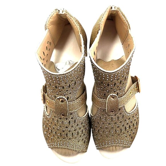 Zapatos De Mujer Gold Glitter Rhinestone Peep Toe Buckle Flat Wedge Sandals US 9 - Picture 6 of 9